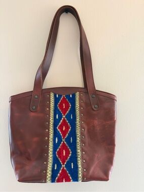 Brown Leather Tote with Blue & Red Southwestern Accent